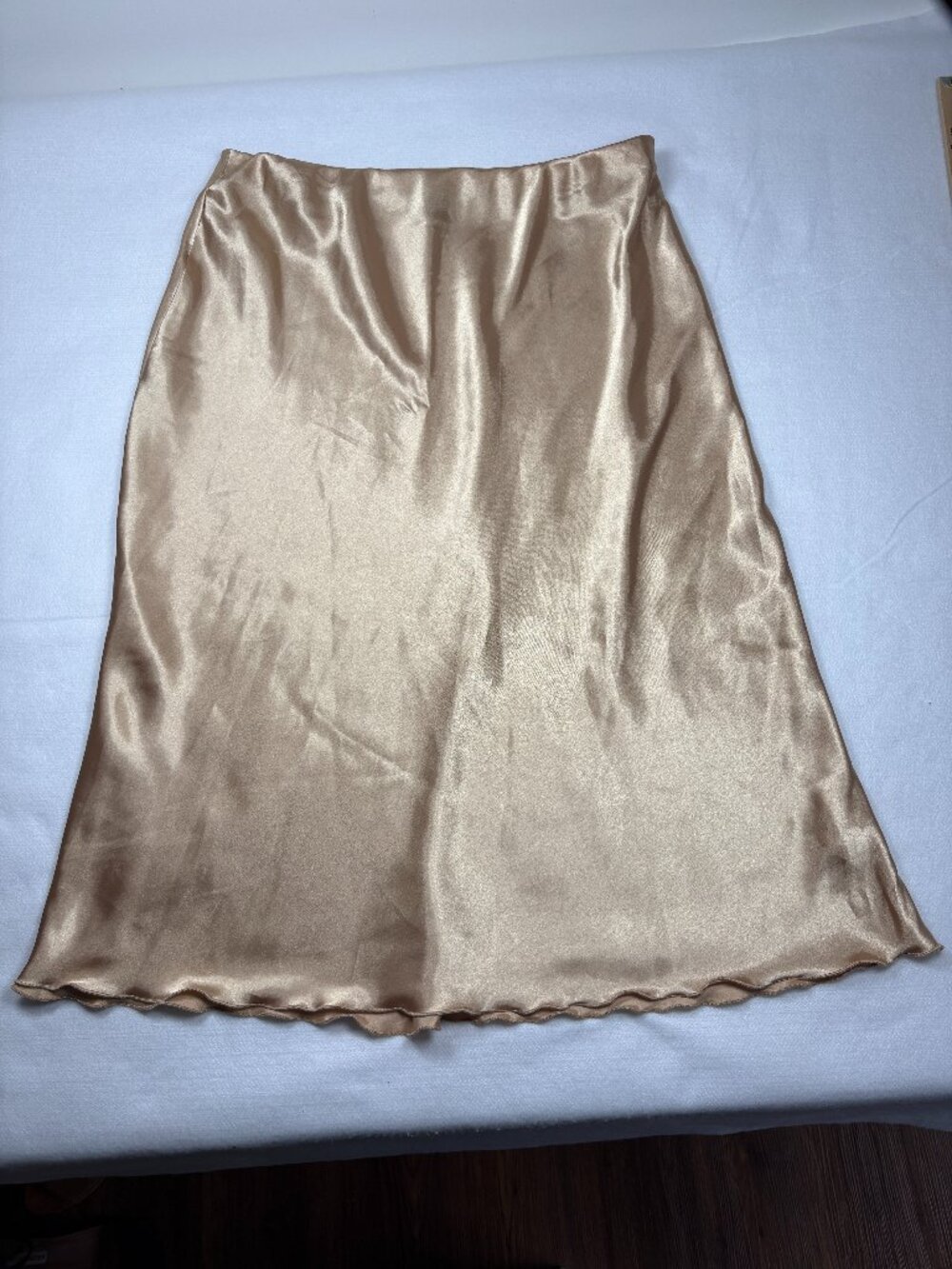 Nicole Miller New York Champagne Gold Satin Slip Midi Skirt Lettuce Hem Chic XL
